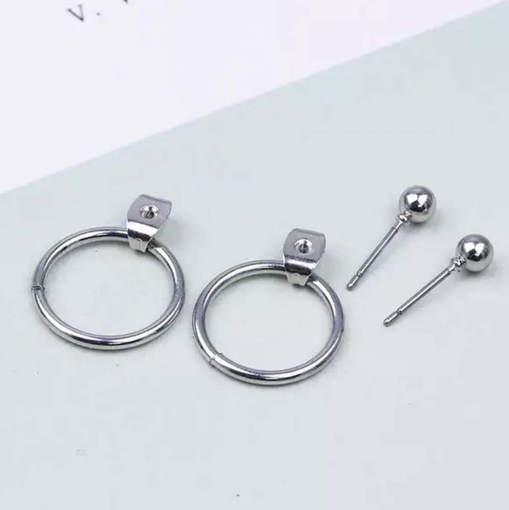 Front Back Silver Simple Stud and Circle Earrings - Picture 2 of 5